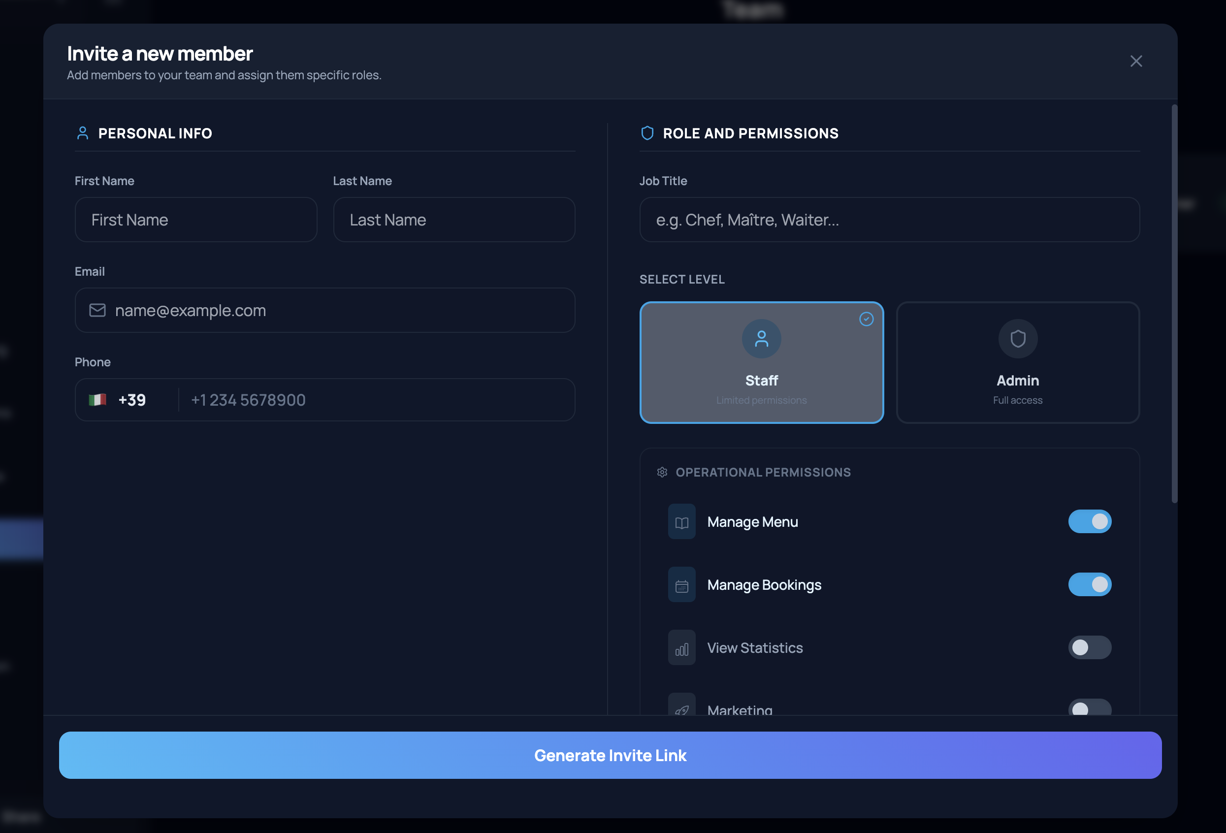 Team management and PDF menu