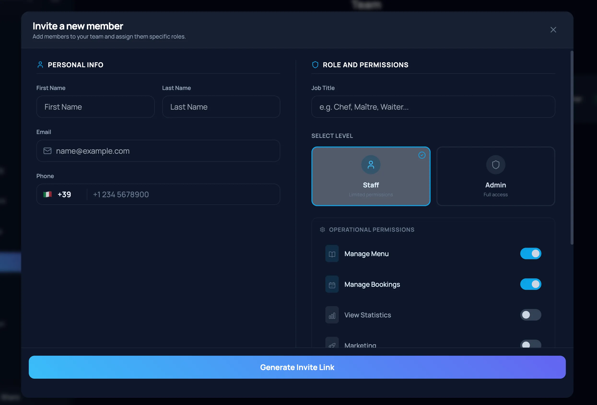Team management and PDF menu