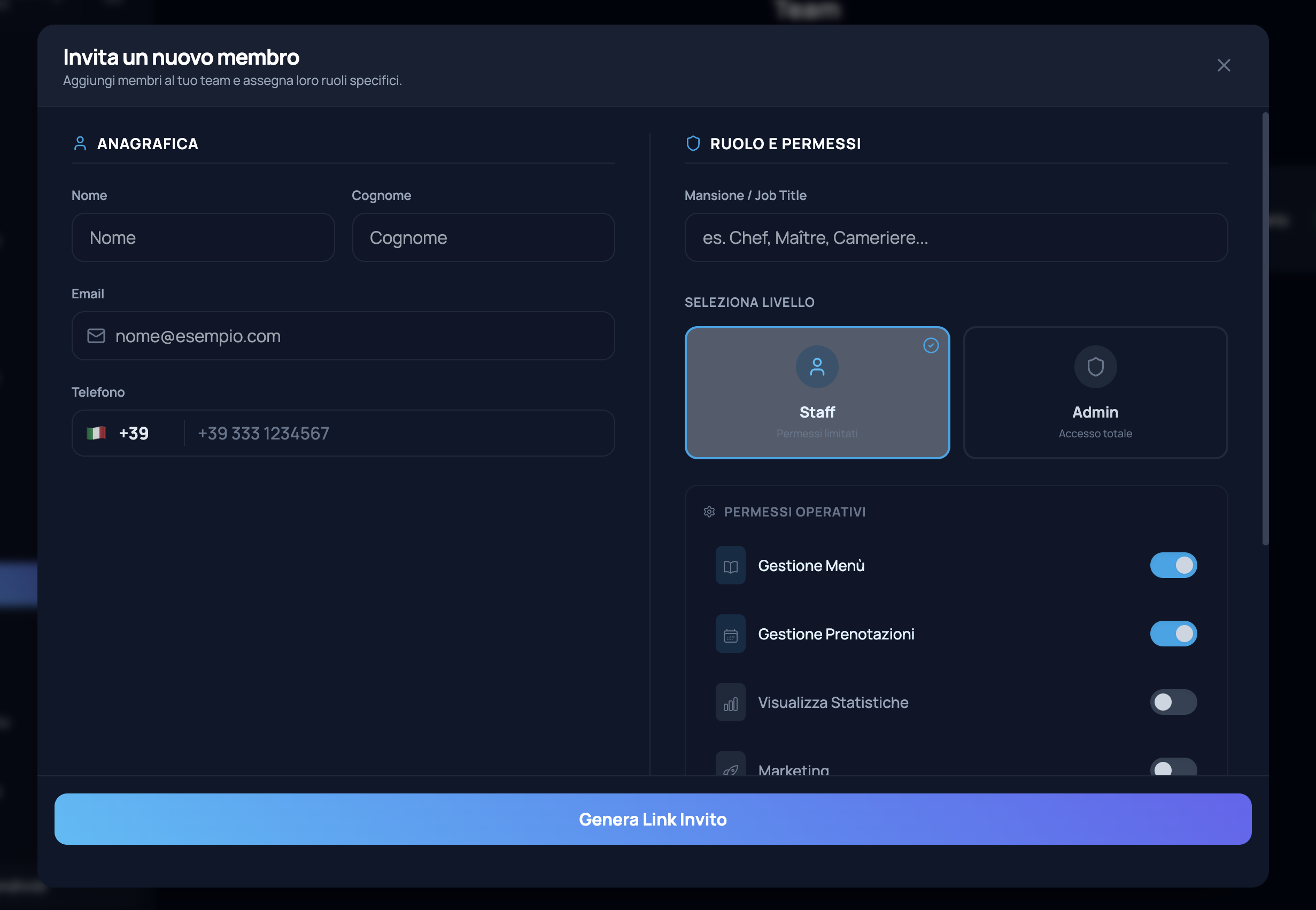 Gestione Team e Menu PDF