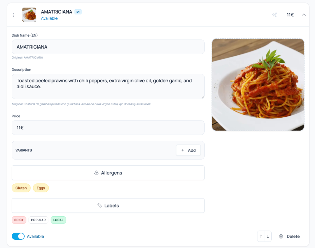Dish and allergen optimization